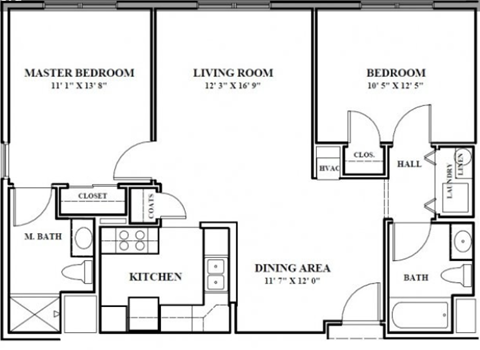 Floor plan for 2 beds, 2 baths, 975 sqft